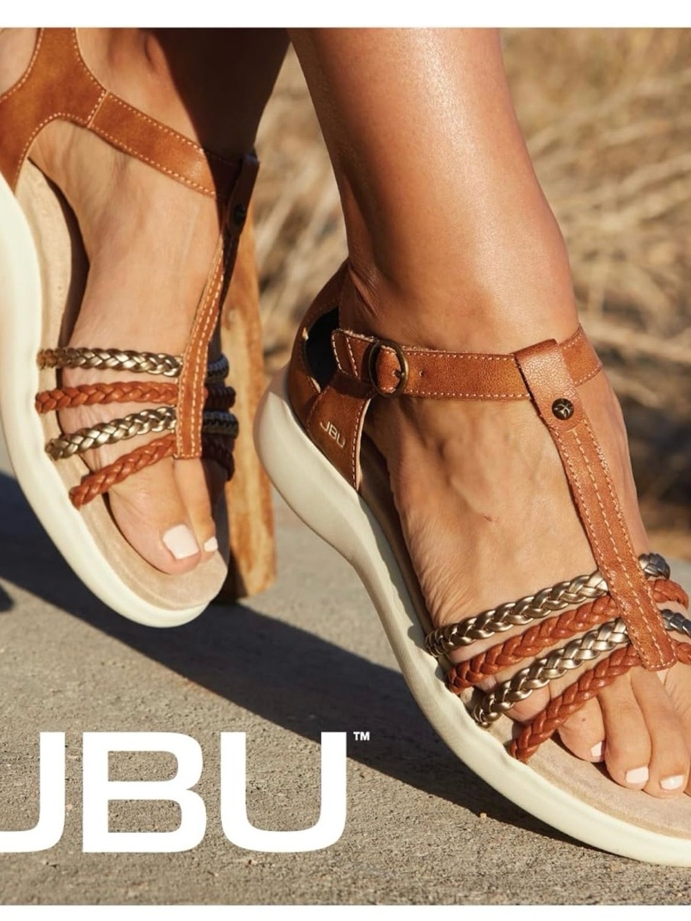 JBU Brown Braided T-Strap Sandals with Metallic Accents